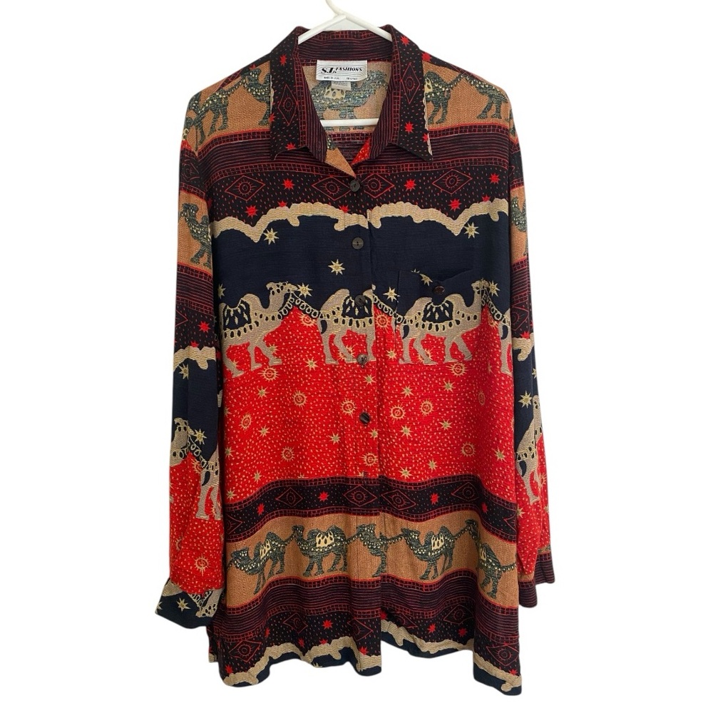 VINTAGE SL FASHION Button-Up USA Made Western Boho Festive Camel Print Unisex
